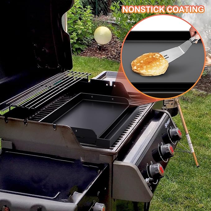 17" x 13" Nonstick Coating Cooking Griddle for Gas Grill, Universal Flat Top Cooking Plate Insert for Charcoal/Gas/Electric Grill with Grease Groove and Removable Handles