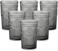 ZMOWIPDL Vintage Glassware Drinking Glasses Set of 6,13 oz Grey Textured Flower Design Glass Water Tumblers，Embossed Striped Drinkware for Water,Cocktails,Juice,Iced Coffee