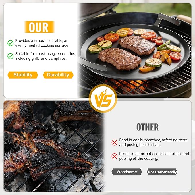 Premium Carbon Steel Griddle, Round Non-Toxic Stovetop Flat Top Pan for Gas, Electric Range, Induction, Grill & Campfire, Pre-seasoned Nitride Coating, Oven Safe to 1200°F, with Heat-insulating Gloves