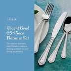 Mikasa Regent Bead 65-Piece Silverware Set, 18/10 Stainless Steel Flatware Service for 12, Includes 5 Serving Tools, Dishwasher Safe Polished Cutlery