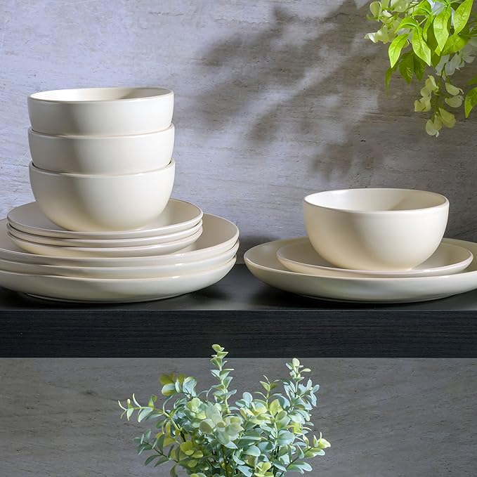 Gibson Home Rockaway 12-Piece Round Stoneware Dinnerware Set, Service for 4 – Cream Plates and Bowls, Modern Matte Finish, Microwave & Dishwasher Safe