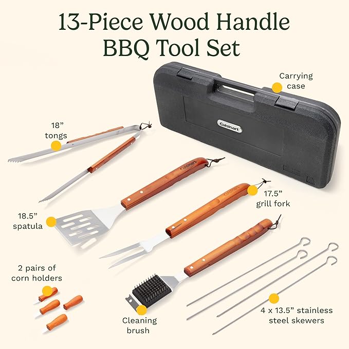 Cuisinart 13-Piece Wooden Handle Grill Tools Set, Grill Utensils Set BBQ Accessories, Durable Stainless Steel Spatula, Tongs, Cleaning Brush & More, Compact Case, Grilling Gifts for Men, CGS-W13
