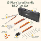 Cuisinart 13-Piece Wooden Handle Grill Tools Set, Grill Utensils Set BBQ Accessories, Durable Stainless Steel Spatula, Tongs, Cleaning Brush & More, Compact Case, Grilling Gifts for Men, CGS-W13