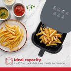 Holstein Housewares 4.4QT Air Fryer. Your All-in-One Culinary Solution. Air fry, roast, bake or grill. Adjustable temperature and time, Hot air technology and Dishwasher Safe, 1400W, Grey