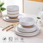 AmorArc Ceramic Dinnerware Sets for 8, 24 Pieces Handpainted Plates and Bowls Set with Rustic Terracotta Underside, Scratch Resistant Stoneware Dishes Set, Dishwasher & Microwave Safe, White