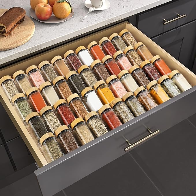 Suneerplay Spice Drawer Organizer 4 Tier, Acrylic Seasoning Organizer Rack, Clear Spice Rack Tray, Kitchen Seasoning Jars Drawers Insert (Jars Not Included/Expandable From 9" to 18")