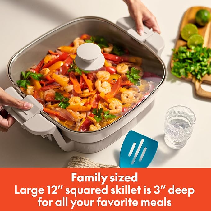 bella Make & Take Electric Skillet, Fits-anywhere™ kitchenware, EverGood™ Ceramic Coating, Adjustable Temperature & Dishwasher-Safe Tempered Glass Lid, Cast Aluminum Base, 1200 Watt, Oatmilk