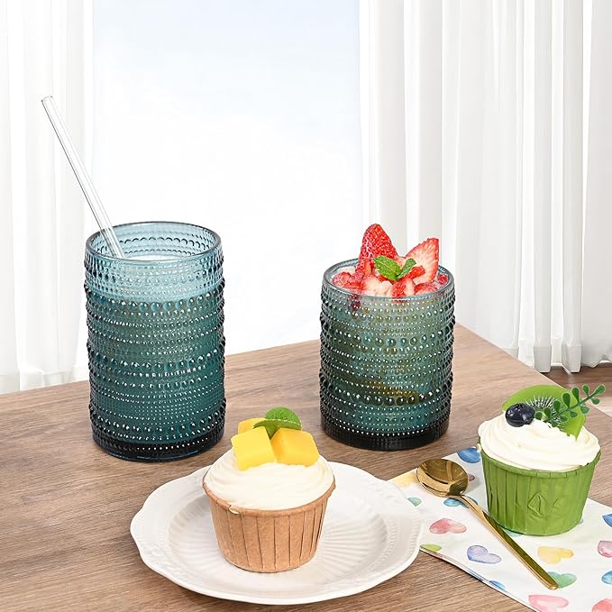 ZMOWIPDL Vintage Hobnail Drinking Glasses Set of 8,Colored 12 oz & 15oz Highball Glass Cups, Kitchen Drinkware Glassware,Embossed Water Tumbler,for Beer,Cocktail,Whiskey,Juice and Various Mixed Drinks