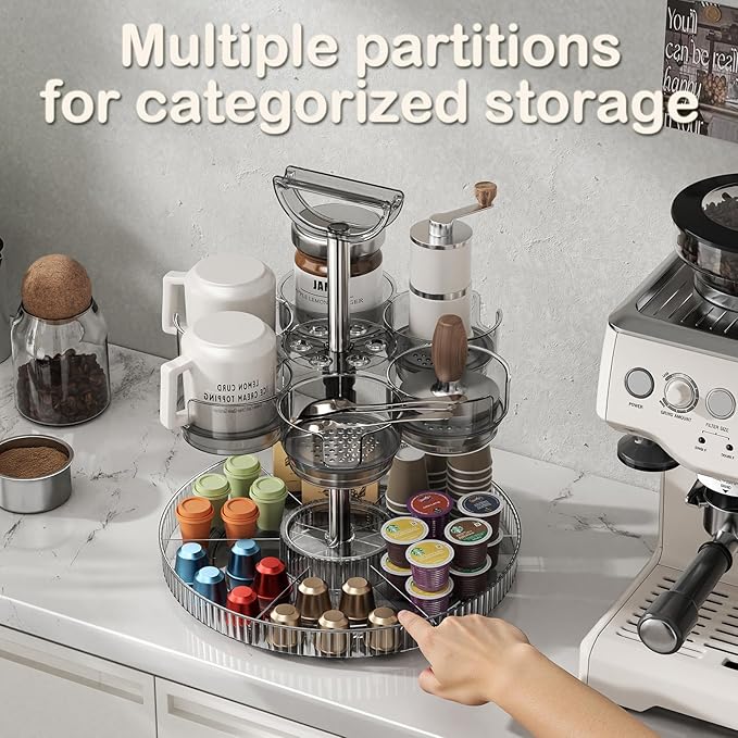 Rotating Coffee Bar Accessories Organizer, 2-Tier Lazy Susan Cup Holder for Stanley 40oz Tumbler with Handle, Countertop Drying Rack Station with Divided Tray for K-Cups, Snacks & Mugs