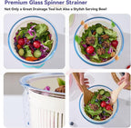 Good Girps 3.2 Qt Glass Salad Spinner Small Vegetable Dryer with Drain Microwave Safe Dishwasher Safe with Transparent Lid Crank Handle Quick Spin Greens Washer for Lettuce Herbs Fruits White