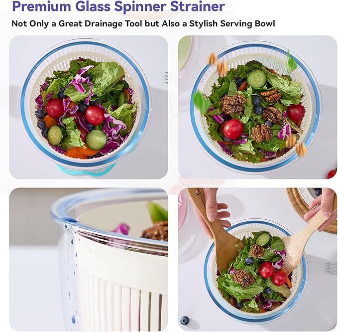 Good Girps 3.2 Qt Glass Salad Spinner Small Vegetable Dryer with Drain Microwave Safe Dishwasher Safe with Transparent Lid Crank Handle Quick Spin Greens Washer for Lettuce Herbs Fruits White