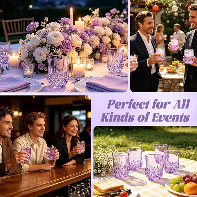 24 Pack Plastic Stemless Wine Glasses,12oz Unbreakable Vintage Elegant Drinking Glass Set,Reusable Fancy Cocktail Cups for Party, Wedding, and Bulk Events (24, 12oz-Purple)