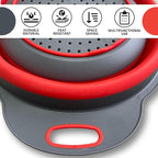 Red Kitchen Strainer Colander Set - 2 PCS Silicone Food Strainers for Kitchen Collapsible Colander with Plastic Handles for Pasta and Spaghetti Multifunctional