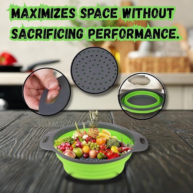 Collapsible Colander Set,Premium Food Grade Silicone Folding Strainers with Handles Space Saving Colanders for Draining Pasta,Vegetables & Fruits,Ideal for Kitchen & Travel (3pc Green)
