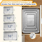 Baking Sheet Pan Set of 8, CEKEE Stainless Steel Cookie Sheets for Baking with Cooling Rack, Small/Quarter/Jelly Roll Pans, 9/10/12/16 Inch, 0.8mm Thick Heavy Duty & Non Toxic & Easy Clean