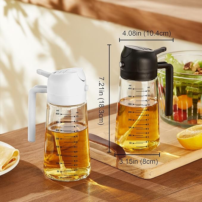 TrendPlain 16oz/470ml Glass Olive Oil Sprayer for Cooking – 2 in 1 Olive Oil Dispenser Bottle for Kitchen Gadgets and Air Fryer Accessories, Salad, BBQ - Black & Navy