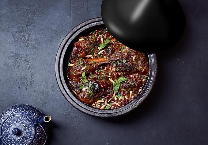 Kook Moroccan Tagine, Enameled Cast Iron Cooking Pot, Tajine with Ceramic Cone-Shaped Closed Lid, 3.3 QT (Matte Black)