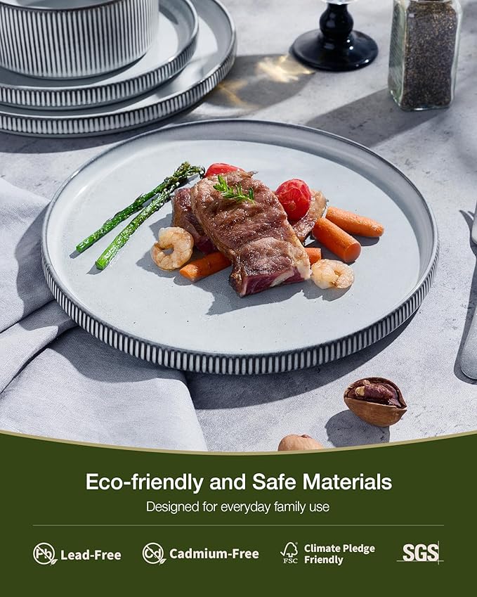 Famiware Star 18-Piece Reactive Glaze Plates and Bowls Sets, Service for 6 - Stoneware Dinnerware with Trim, Modern Rustic Dishes, Chip & Scratch Resistant, Microwave & Dishwasher Safe, Smoky Blue