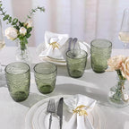 abrwyy 6Pcs Green Drinking Glassware, 10oz Drinking Glasses, Heavy Duty Glass Cups, Colored Embossed Glasses Set for Party Wedding Home Office Glassesware Gift