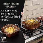 Moss & Stone 6 Pcs Copper Chef Cookware Non Stick Deep Frying Pan 9.5" x 3.5", Fry Basket, Steamer Rack, Dishwasher & Oven Safe, 5 Qt Deep Square Pot & Non Stick Pan, Induction Copper Cookware Set