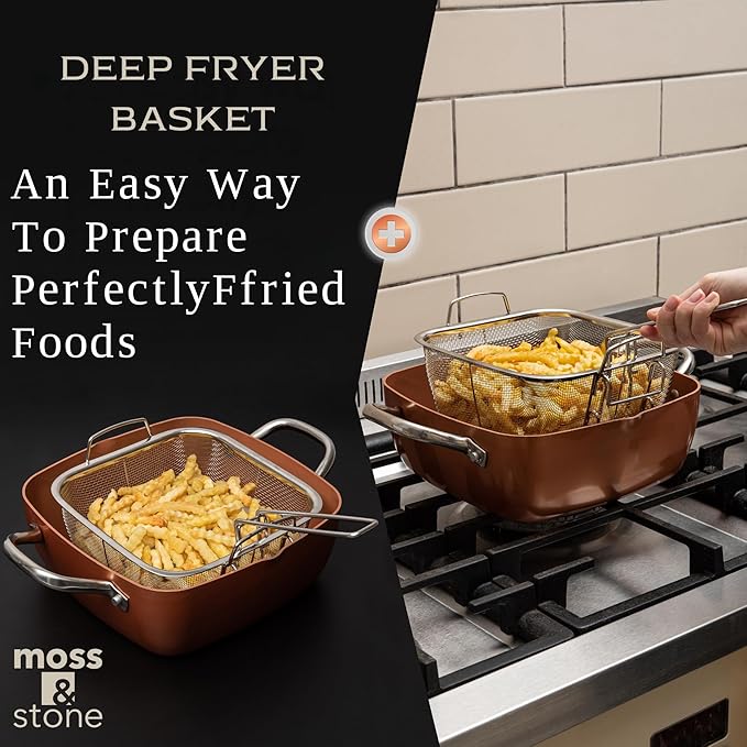 Moss & Stone 6 Pcs Copper Chef Cookware Non Stick Deep Frying Pan 9.5" x 3.5", Fry Basket, Steamer Rack, Dishwasher & Oven Safe, 5 Qt Deep Square Pot & Non Stick Pan, Induction Copper Cookware Set