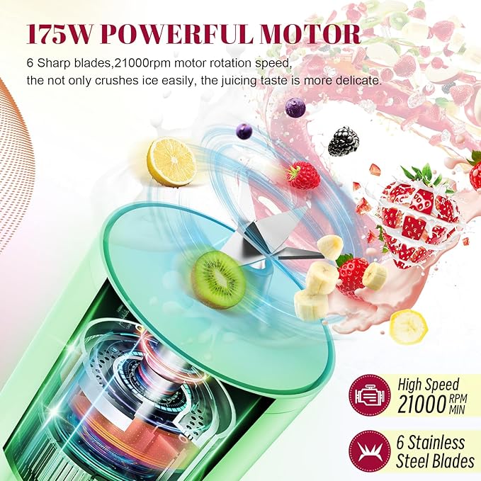 Portable 14OZ Juicer， High-Powered at 175W for Smoothies, Ice Blending, Juicing, and Food Processing ， Compact, Convenient, and Versatile (Green)