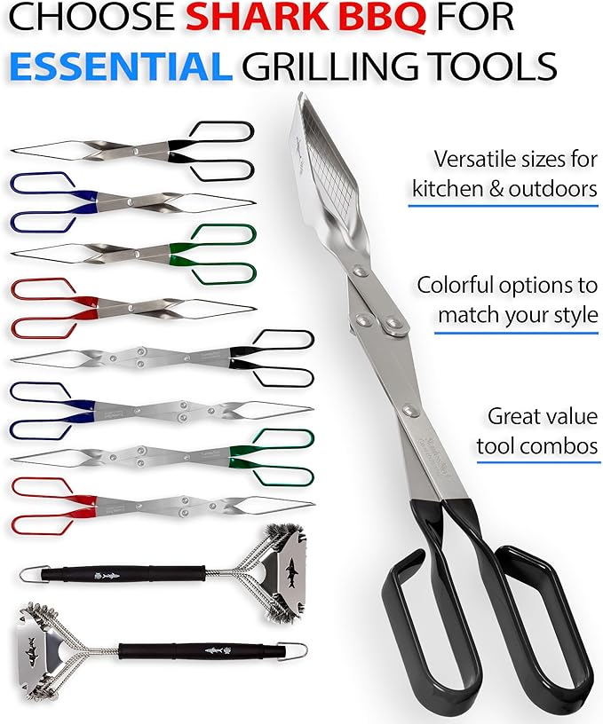 Shark BBQ Grill Tongs - 17 inch Black. Professional steak grilling utensil. Long reach Barbeque Grilling Tongs. Ideal for steak, fish, burger, and sausage