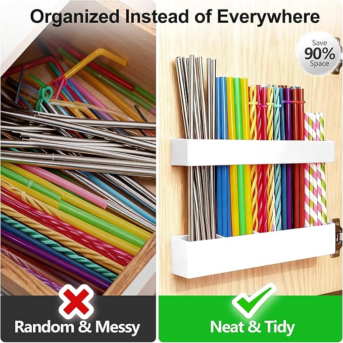 9.5” Large Acrylic Straw Holder for Cabinet Door, Reusable Adjustable Two-Part Straws Organizer with Ultra Sticky Adhesive Strips, 2026 Straw Storage for Kitchen Cupboard (White)