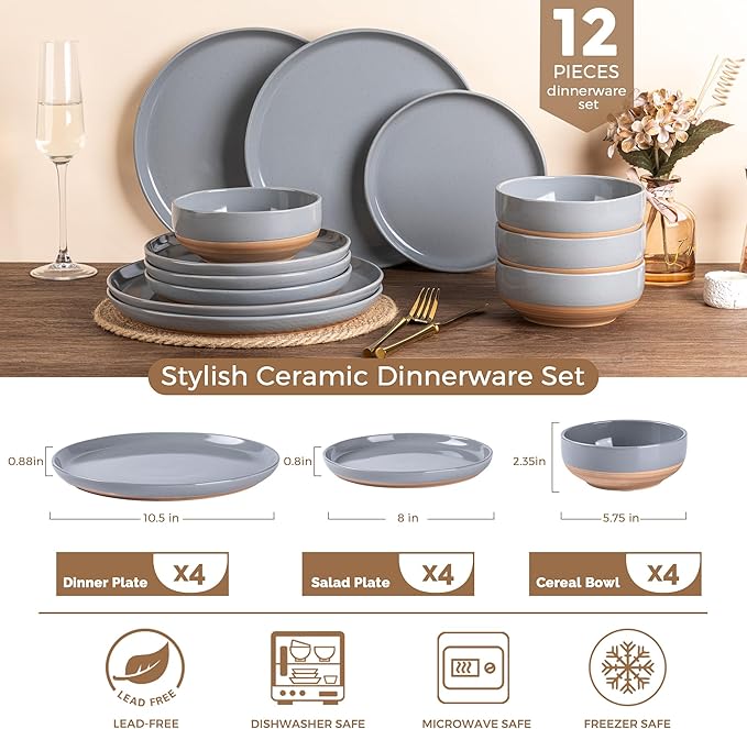 AmorArc Ceramic Dinnerware Sets for 4, 12 Pieces Handpainted Plates and Bowls Set with Rustic Terracotta Underside, Scratch Resistant Stoneware Dishes Set, Dishwasher & Microwave Safe, Gray