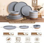 AmorArc Ceramic Dinnerware Sets for 4, 12 Pieces Handpainted Plates and Bowls Set with Rustic Terracotta Underside, Scratch Resistant Stoneware Dishes Set, Dishwasher & Microwave Safe, Gray