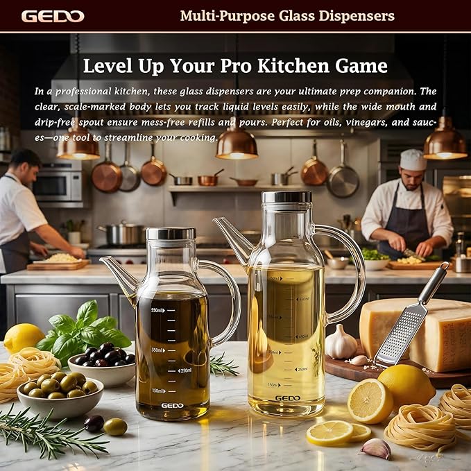 GEDO Borosilicate Glass Oil Dispenser, Eagle Beak Drip-Free Spout with Airtight Stainless Steel Lid, Measurement Markings & Ergonomic Handle, Multi-Purpose for Kitchen & Outdoor Picnic (0.58QT/550ml)