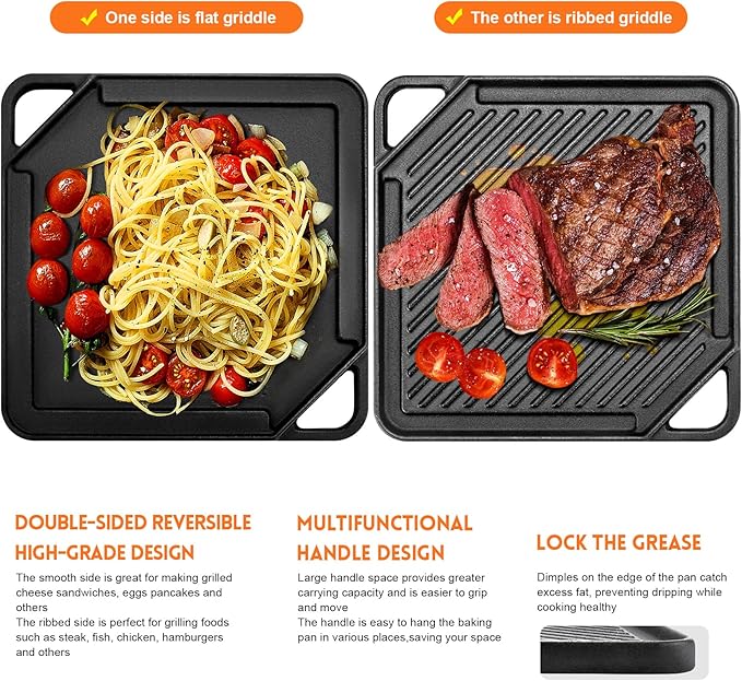 GGC Cast Iron Reversible Griddle, 2-In-1 Griddle Pan for Gas Grills and Stove Tops, 10 x 10 Square Baking Flat and Ribbed Griddle Plate