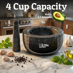 Priority Chef Heavy Duty Large Mortar and Pestle Set, 100% Granite, Non Slip Base, Make Fresh Guacamole, Salsa, Pesto, Stone Grinder Bowl, Herb Crusher, Spice Grinder, 4 Cup - Black