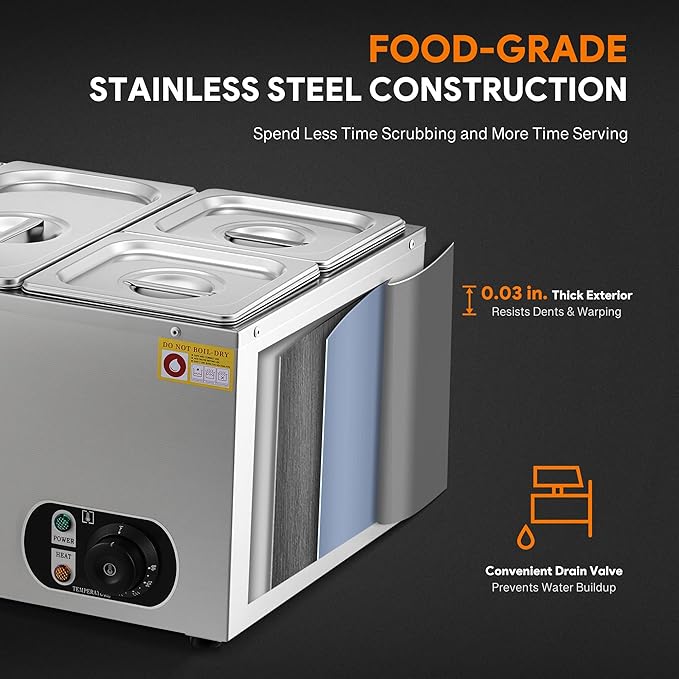 WILPREP Commercial Food Warmer with Two 1/3 & Two 1/6 Pans, 1500W Countertop Electric Warmer, 86-185°F Adjustable Temp Control, Stainless Steel Buffet Bain Marie