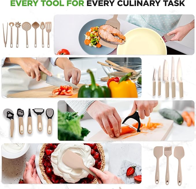 NutriChef 75-Piece Non-Stick Pots and Pans Set, Complete Ceramic Cookware Set with Bakeware, Utensils, Knife Set, & Accessories, Stain-Resistant, Food-Grade Safe, Cream/Brown