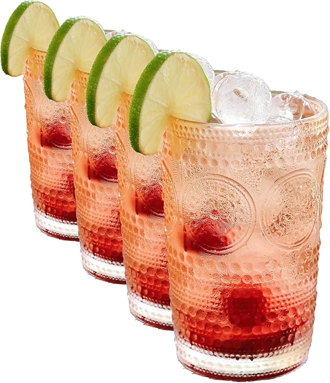 Kate Aspen Hobnail Beaded Floral Rose Gold Drinking Glasses Set of 6,(13 oz) Vintage Glassware Cocktail Glass Set,Juice Glass,Water Cups Great Hostess Gift & Gift for New Home Owners(Pack of 4)