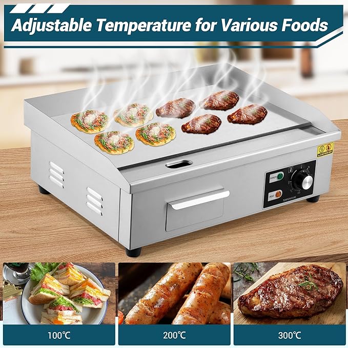 21 in Commercial Electric Griddle Countertop, 1600 w Flat Top Breakfast Teppanyaki Grill Non Stick, Heavy Duty Stainless Steel Pancake Griddle for BBQ Party Restaurants