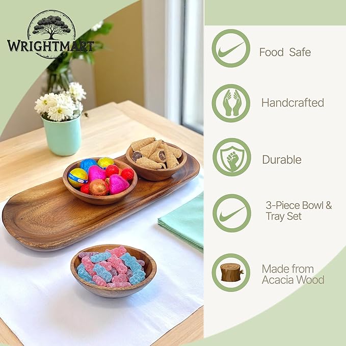 Acacia Wooden Calabash Bowls with Baguette Tray, 4-Piece Set: Three 4.25" Dip Bowls and 13.5" Bread Tray, Rustic Handcrafted Appetizer & Condiment Set