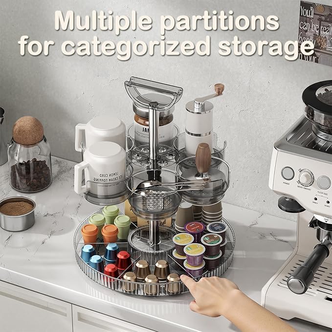 Rotating Coffee Bar Accessories Organizer, 2-Tier Lazy Susan Cup Holder for Stanley 40oz Tumbler with Handle, Countertop Drying Rack Station with Divided Tray for K-Cups, Snacks & Mugs