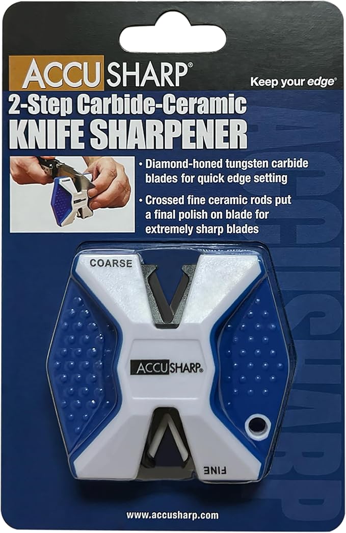 AccuSharp Pull Through Knife Sharpener Keychain, 2-Stage Sharpener for Straight or Serrated Kitchen Knives, Handheld Tool for Fishing & Hunting, White/Blue