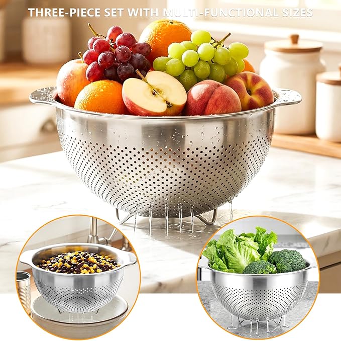 18/8 Stainless Steel Strainer and Colander for Kitchen, Fine Mesh Strainer with Handle, Food Strainers and Colanders for Spaghetti, Vegetables, Fruits, Eggs, Rice, Noodles and Pasta (4QT)