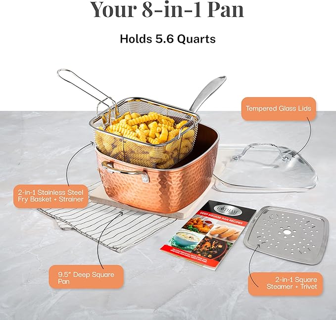 Gotham Steel Nonstick Square Deep Frying Pan, 9.5” Large Cooking Pan with Ceramic Nonstick Coating, Deep Fryer Pot with Basket, 4 Pc Titanium Ceramic with Lid, Basket & Steamer Tray, Dishwasher Safe