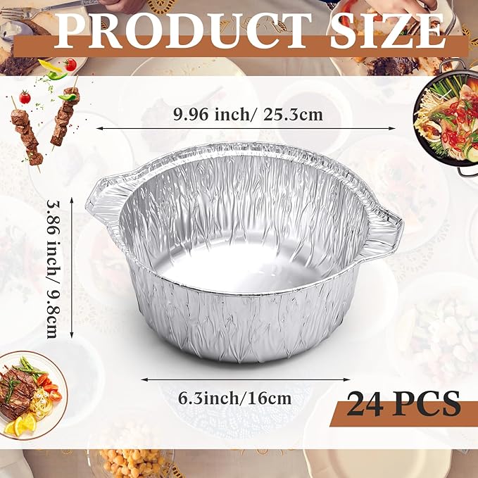 24 Pcs Disposable Aluminum Pot with Lid Round Foil Pans Disposable Cookware Food Container for Vacation Trips Camping Baking Heating Cooking (74.4 oz)