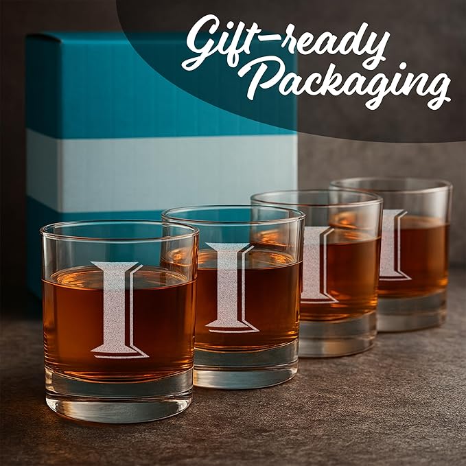 Monogrammed Gifts for Men - 4PC 11 Oz Custom Whiskey Glasses (I-Monogram) - Engraved Whiskey Glasses - Personalized Whiskey Glasses - Unique Bourbon Glasses - Personalized Glass Gifts for Dad