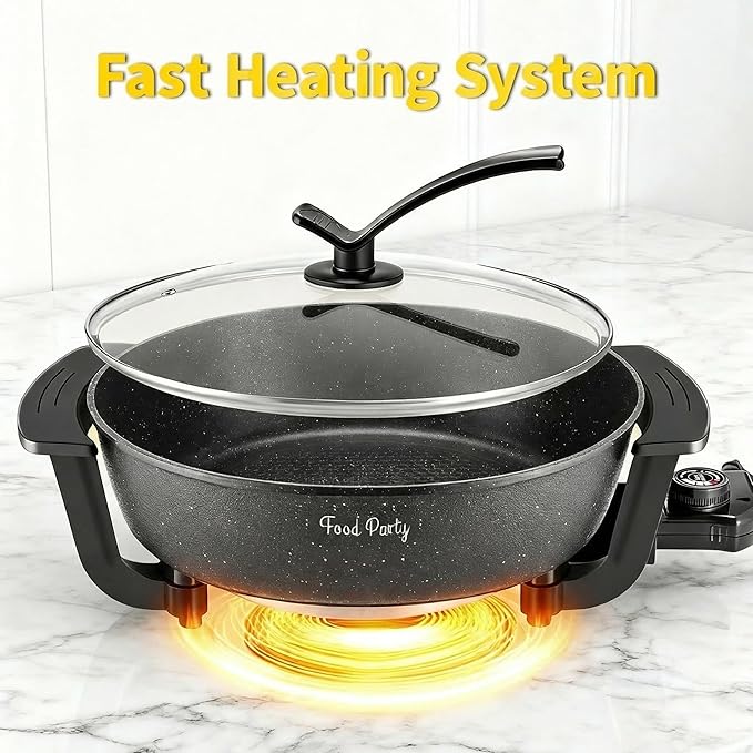 Food Party Electric Skillet with Lid Frying Pan 12 inch 6L Hot Pot Electric Pan for Cooking 110V 1100W Non-Stick PFOA FREE Hotpot