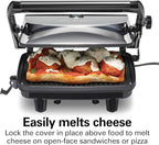 Hamilton Beach Panini Press Sandwich Maker & Electric Indoor Grill with Locking Lid, Opens Wide to Fit Any Thickness for Quesadillas, Burgers & More, Nonstick 8" x 10" Grids, Chrome (25460MNA)