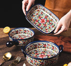 Red Daisy Flower Vintage Style Ceramic Bakeware Casserole Dish Baking Pan Lasagna Pans Baking Dish with Handles for Oven/Cooking/Kitchen-1 PCS-20 OZ