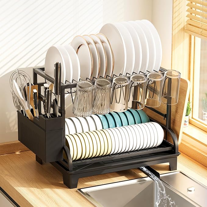 2-Tier Foldable Dish Drying Rack with Drainboard, Stainless Steel Large Capacity Kitchen Counter Organizer with Cup Holder, Utensil & Cutting Board Storage, No Assembly Required, Black