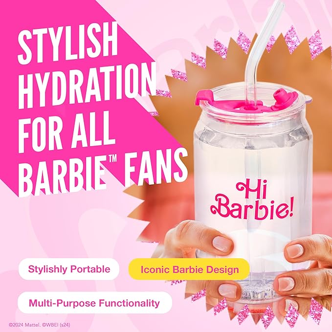 Dragon Glassware x Barbie The Movie - 16 oz Glass Cups with Lids and Straws, Set of 2 - Iced Coffee Cups with Lids - Glass Tumbler with Straw and Lid for Hot, Cold Drinks - Hi Barbie! Hi Ken!