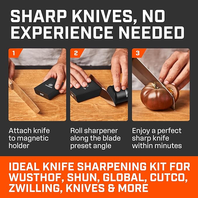 TUMBLER Pro Rolling Knife Sharpener™ - Knife Sharpening Made Easy - Ultimate Gift for Father's Day - Kit with Removable Disc System - 4-Layer Diamond Sharpening Disc & EdgeBoost Ceramic Disc (Black)